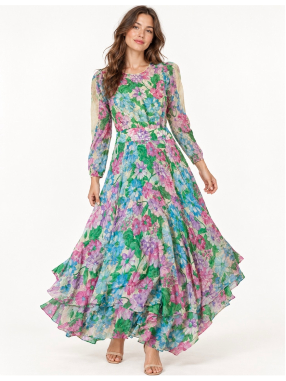 Vintage Diane Freis 100% Silk Floral Ruffle Maxi Dress Cottagecore Petites